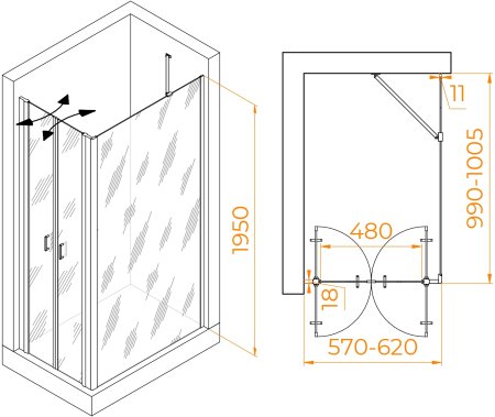 Душевой уголок RGW PA-144B (PA-104B+Z-050-2B+O-204B) 600x1000 