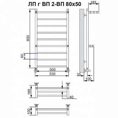 Полотенцесушитель водяной Ника Classic ЛП г ВП (2-ВП) 80х50 