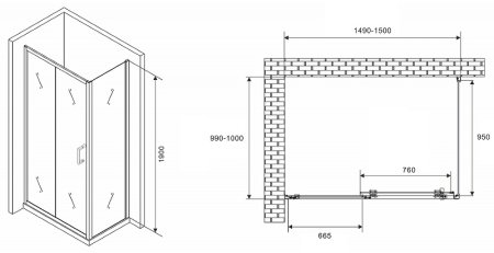 Душевой уголок Abber Schwarzer Diamant 150x100 AG301505-S1005 профиль Хром стекло прозрачное 