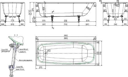 Чугунная ванна Универсал Грация 170x70 см, с ножками 