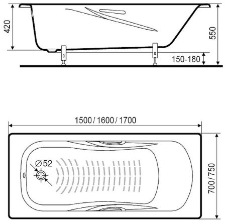 Стальная ванна Roca Princess 170x70 2209E0000 с отверстиями для ручек с антискользящим покрытием 