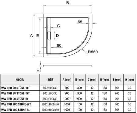 Душевой поддон из искусственного камня WeltWasser WW TRR 90 STONE-BL 90x90 10000004385 Черный 