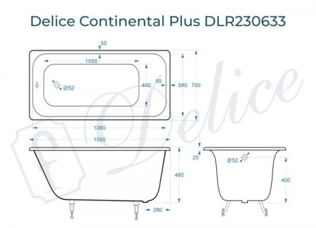 Ванна чугунная Delice Continental PLUS 150х70 