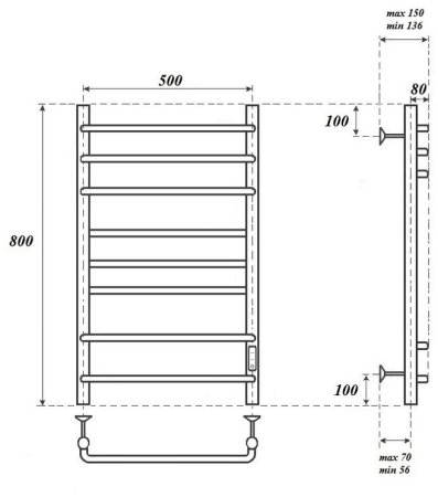 Полотенцесушитель электрический Point Сатурн PN90858B П8 500x800 диммер справа, черный 
