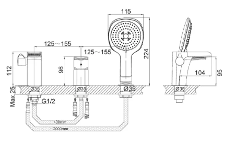 Смеситель для ванны на 3 отверстия D&K Berlin Technishe DA1434215 черный 