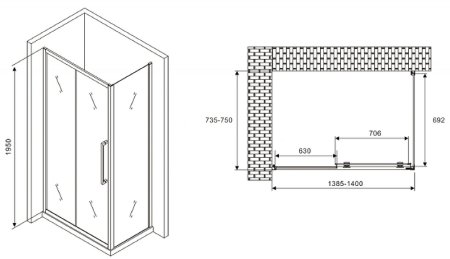 Душевой уголок Abber Schwarzer Diamant 140x75 AG30140MH-S75M профиль Хром стекло матовое 