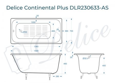 Ванна чугунная Delice Continental PLUS 150х70 с антискользящим покрытием 