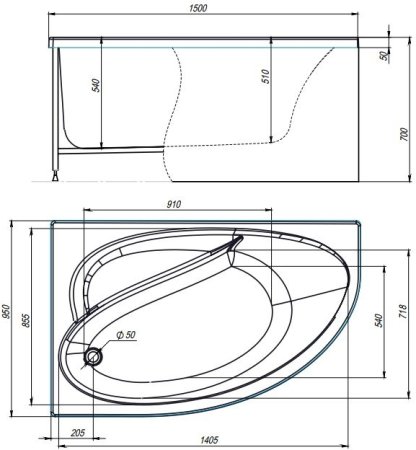 Акриловая ванна TIMO  IVA 1500*950*700 (IVA1595L) 