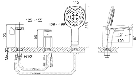 Смеситель для ванны на 3 отверстия D&K Berlin Technishe DA1434915 черный 