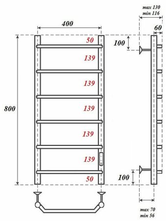 Электрический полотенцесушитель Point Виктория PN06848 П6 400x800 диммер справа Хром 