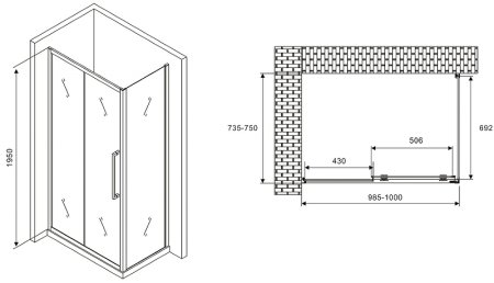 Душевой уголок Abber Schwarzer Diamant 100x75 AG30100H-S75 профиль Хром стекло прозрачное 