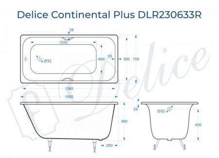 Ванна чугунная Delice Continental PLUS 150х70 с отверстиями под ручки 