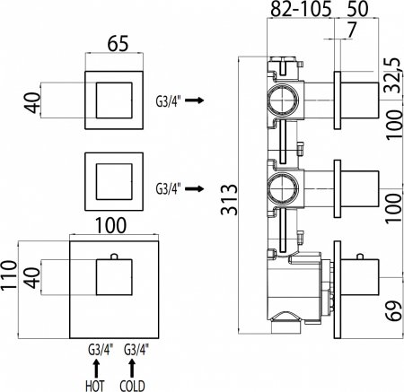 Термостат Bossini Cube 2 Outlets LP Z032203 для ванны с душем, хром 
