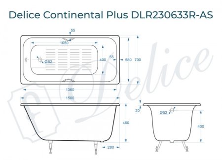 Ванна чугунная Delice Continental PLUS 150х70 с отверстиями под ручки и антискользящим покрытием 