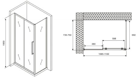 Душевой уголок Abber Schwarzer Diamant 110x75 AG30110H-S75 профиль Хром стекло прозрачное 