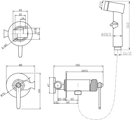 Смеситель ESKO Bangkok Gun metal" скрытого монтажа с гигиеническим душем (SMHBGGM)" 