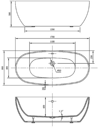 Акриловая ванна Vincea 170x80 VBT-405-1700 без гидромассажа 