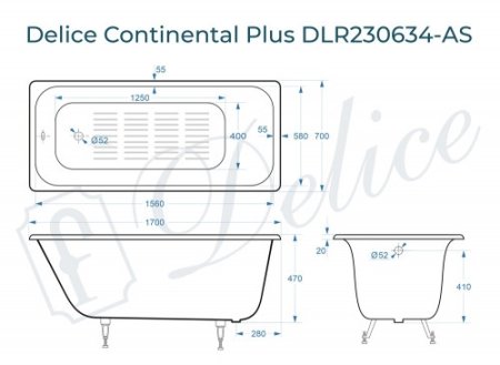 Ванна чугунная Delice Continental PLUS 170х70 с антискользящим покрытием 