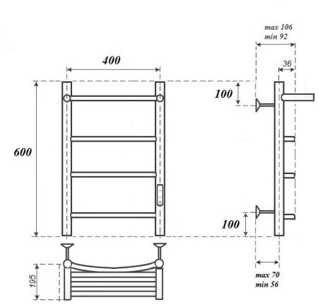 Полотенцесушитель электрический APEXTERMO Corona CR01164BM 600x400 с полкой, черный матовый 