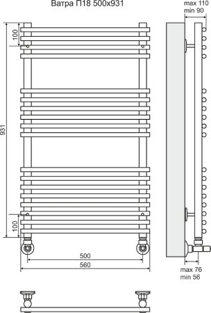 Водяной полотенцесушитель Terminus Ватра П18 500x931 4620768886607 Хром 