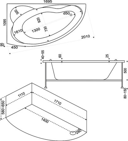 Акриловая ванна Bas Лагуна 170x110 см L с гидромассажем 