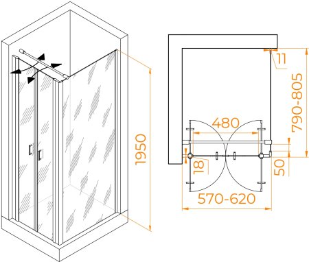 Душевой уголок RGW PA-144 (PA-104+Z-050-2+O-104) 600x800 