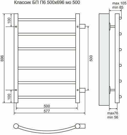 Водяной полотенцесушитель Terminus Классик П6 500x696 4670030726254 Хром с боковым подключением 