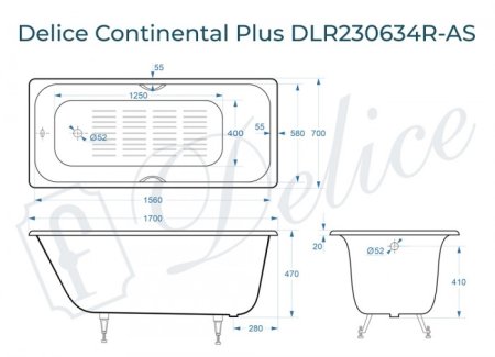 Ванна чугунная Delice Continental PLUS 170х70 с отверстиями под ручки и антискользящим покрытием 