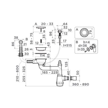 Сифон для мойки Omoikiri WK-1-R-A-IN с клапаном-автоматом и круглым переливом 