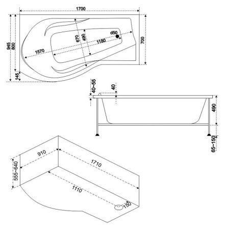 Акриловая ванна Bas Капри 170x80 см L с гидромассажем 