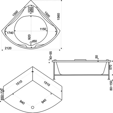 Акриловая ванна Bas Ирис 150x150 см с гидромассажем 