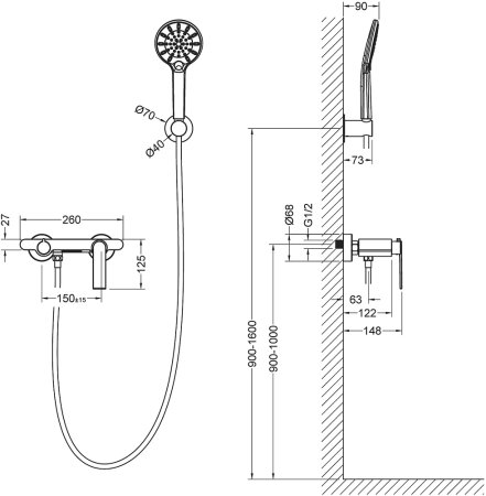 Смеситель Timo Anni 2714/03Y для ванны с душем, черный 