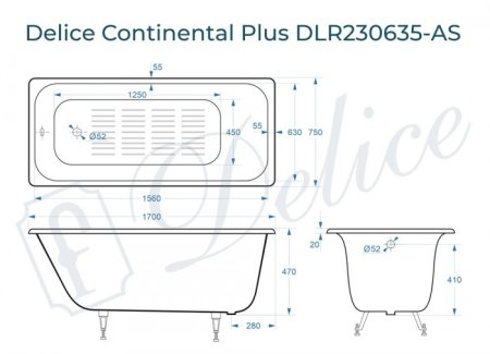 Ванна чугунная Delice Continental PLUS 170х75 с антискользящим покрытием 