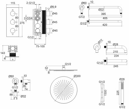 Душевая система Whitecross Y gold YSET11GL с термостатом Золото 