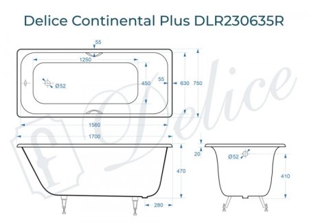 Ванна чугунная Delice Continental PLUS 170х75 с отверстиями под ручки 
