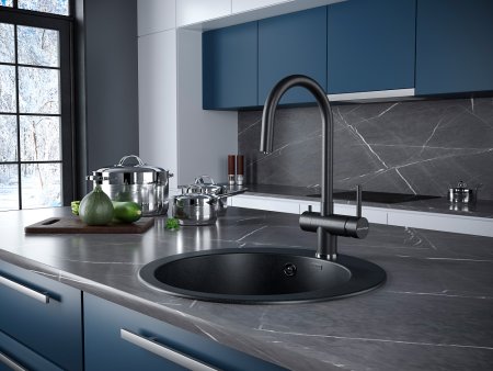 Смеситель Paulmark Heller He213218-418 для кухонной мойки, черный металлик 