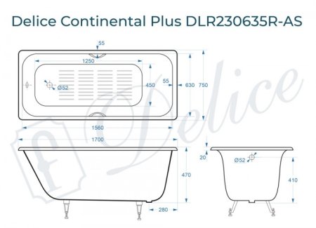 Ванна чугунная Delice Continental PLUS 170х75 с отверстиями под ручки и антискользящим покрытием 