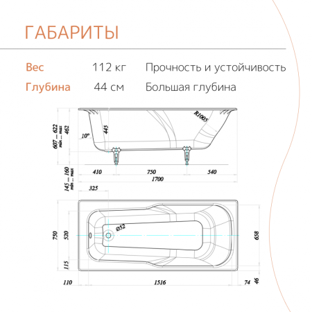 Ванна чугунная Tempra Wave 170x75 см. белая 