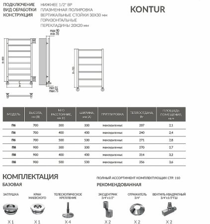 Водяной полотенцесушитель Terminus Контур П8 400х900 4660059582450 Хром 
