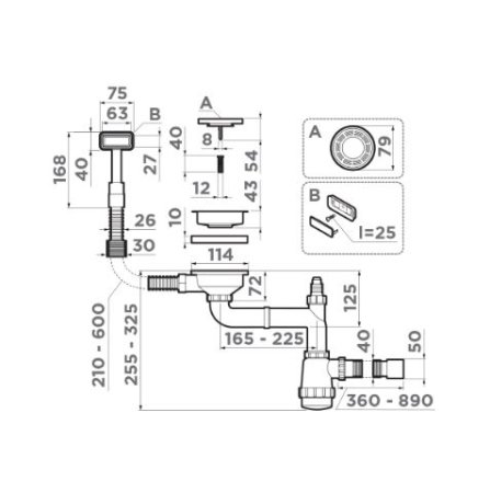 Сифон для мойки Omoikiri WK-1-IN с прямоугольным переливом, нержавеющая сталь 