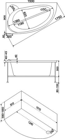 Акриловая ванна Bas Вектра 150x90 см L с гидромассажем 