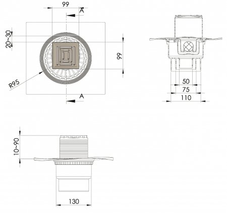 Душевой трап Berges Zentrum Uno 100x100 090471 с решеткой Хром матовый 