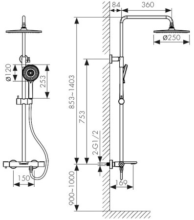 Душевая система Kaiser Serio 05382-9 с термостатом Черная матовая 
