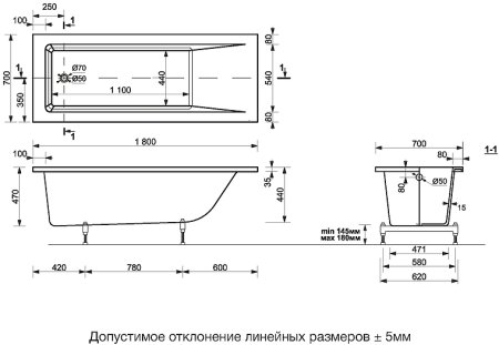 Ванна из искусственного камня Delice Diapason 180x70 DLR_330008 без антискользящего покрытия 