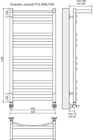 Водяной полотенцесушитель Terminus Енисей плюс П13 500x1100 4620768886713 с полкой Хром 