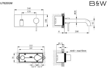 Смеситель для раковины Black&White Universe U7620GM 7620U Gun Metal 