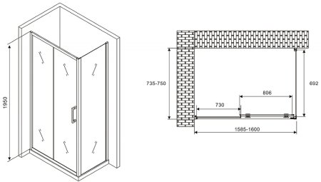 Душевой уголок Abber Schwarzer Diamant 160x75 AG30160B-S75B профиль Черный стекло прозрачное 