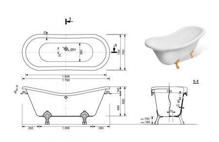 Ванна отдельностоящая из литьевого мрамора Эстет Бостон 180 180x74 