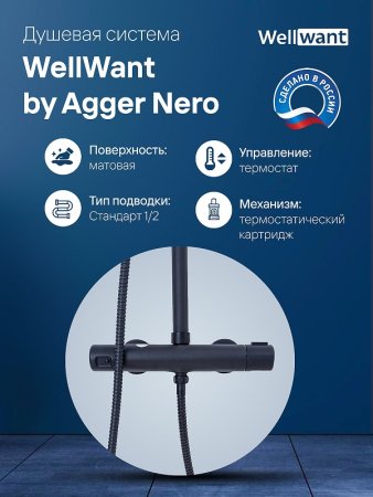 Душевая система WellWant by Agger Nero WWDS0W4428125B с термостатом Черная 