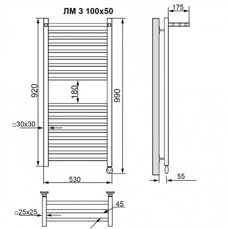 Полотенцесушитель электрический Ника Modern ЛМ-3 100/50 черный матовый 